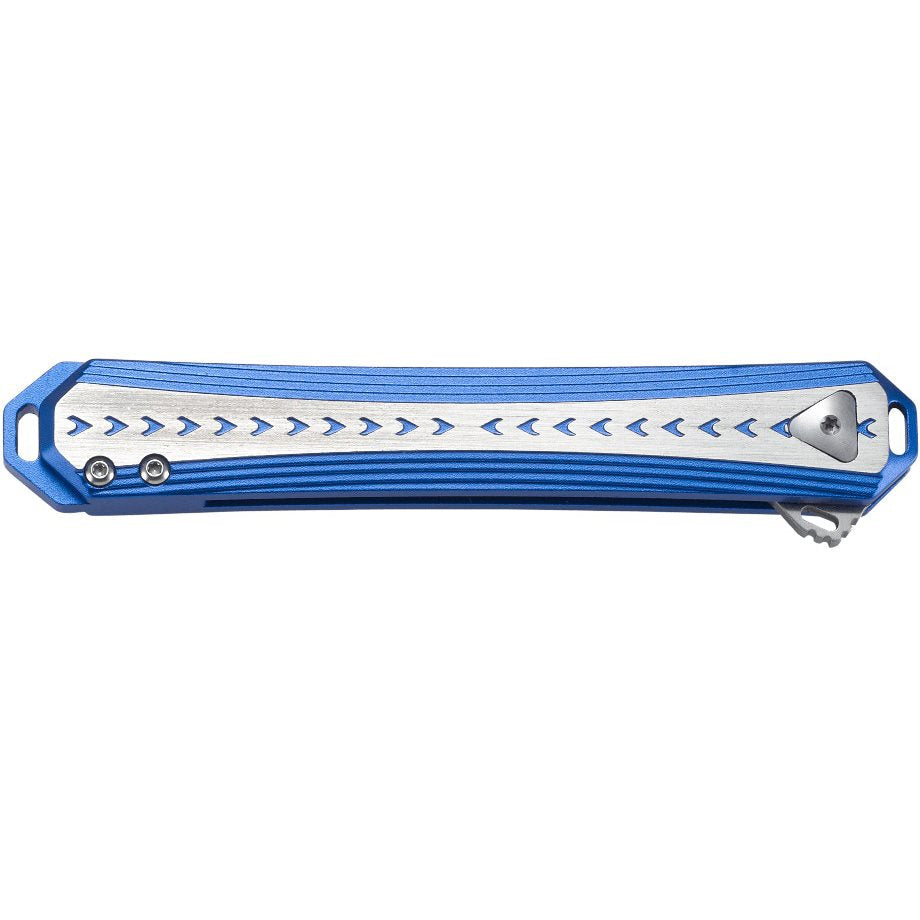 Navaja plegable STICKLER azul con hoja lisa de acero Sandvik 12C27, flipper y clip de bolsillo