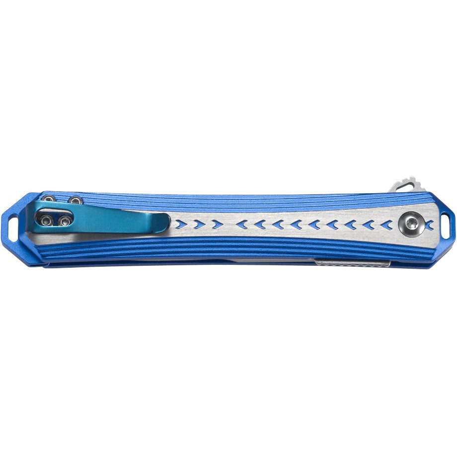 Navaja plegable STICKLER azul con hoja lisa de acero Sandvik 12C27, flipper y clip de bolsillo