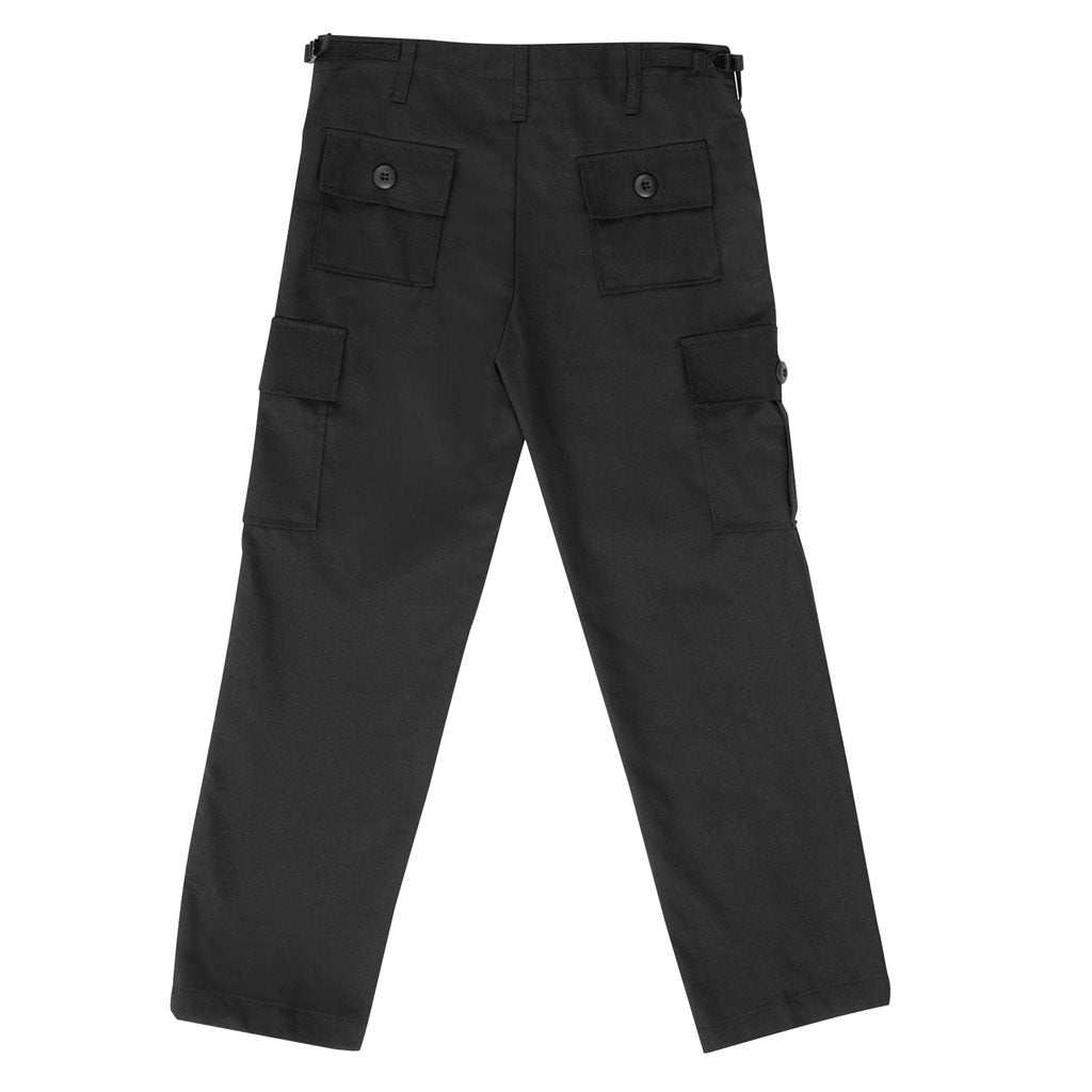 Pantalones BDU infantiles negros con 6 bolsillos y cordones en los bajos