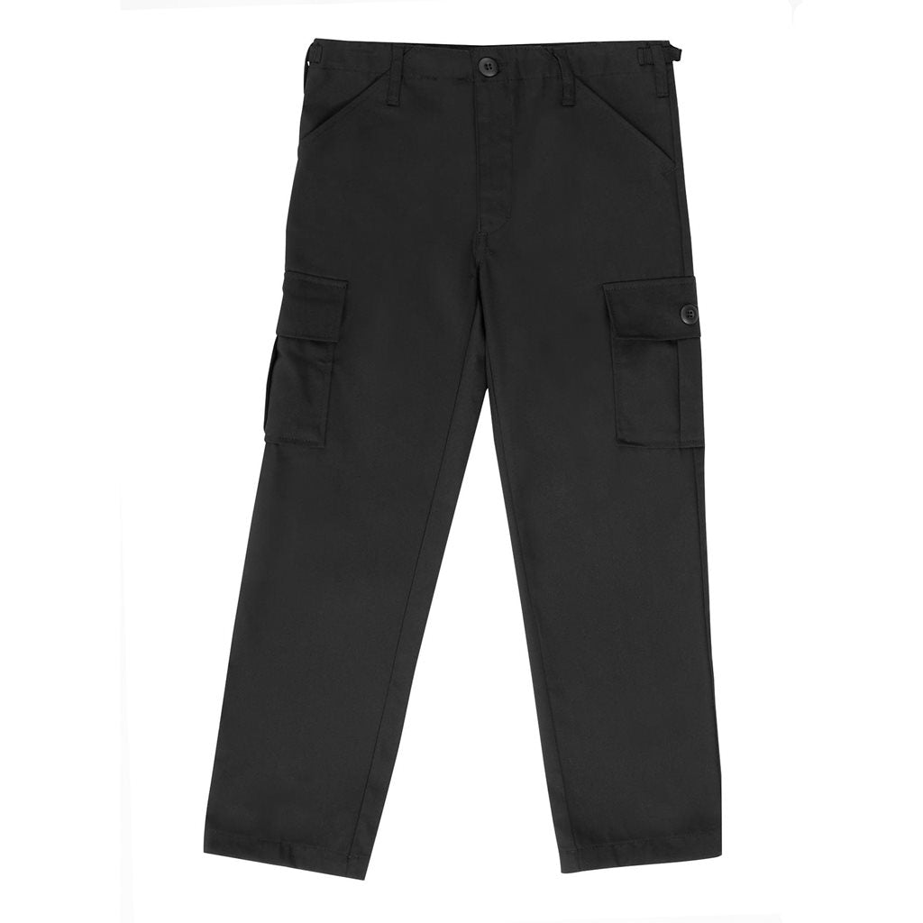 Pantalones BDU infantiles negros con 6 bolsillos y cordones en los bajos