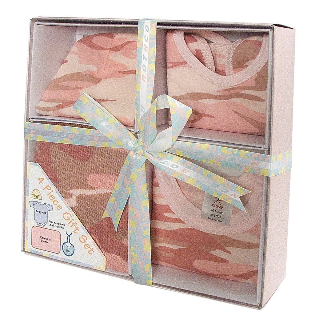Set regalo INFANT Baby Pink Camo: body 3-6 meses, gorrito, babero y arrullo 71 x 100 cm
