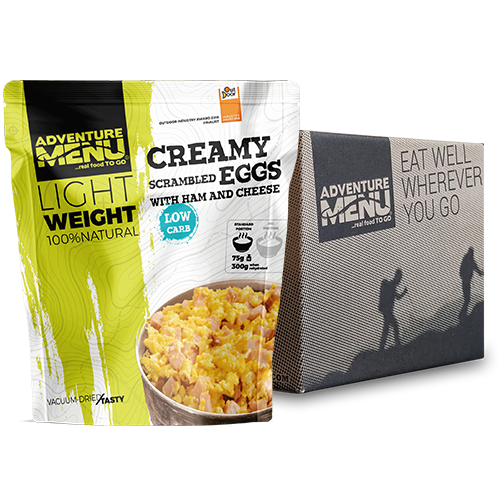 Huevos revueltos cremosos con jamón y queso Gouda Adventure Menu porción grande liofilizado - Supervivencia Extrema
