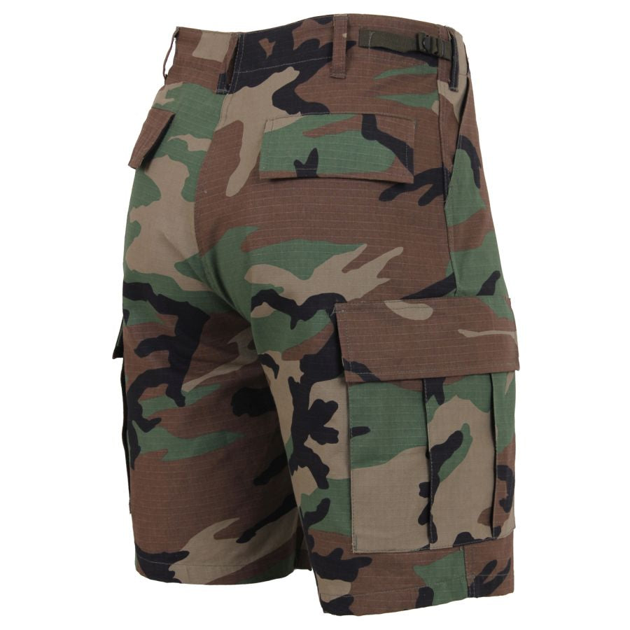 Pantalones cortos BDU rip-stop Woodland con 6 bolsillos, cintas ajustables y cierre de botones