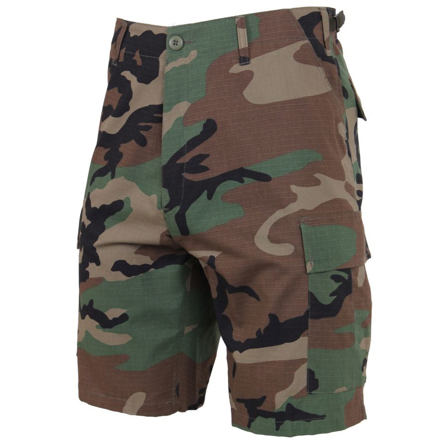 Pantalones cortos BDU rip-stop Woodland con 6 bolsillos, cintas ajustables y cierre de botones