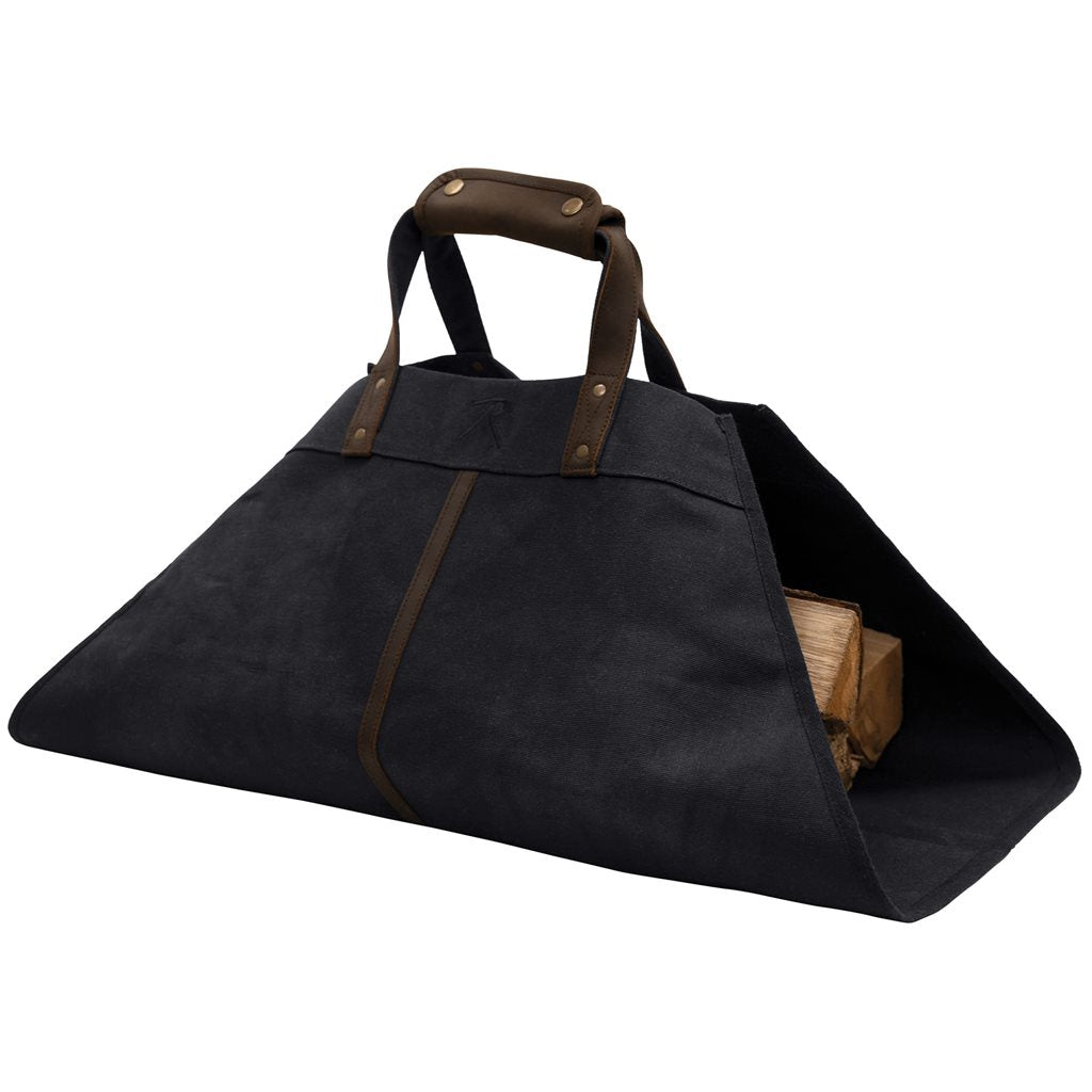 Bolsa BACKWOODS de lona negra para transportar leña con estructura parcialmente abierta