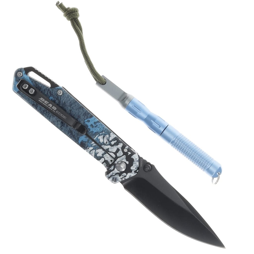 Navaja plegable azul con herramienta de llavero, cortador y pedernal