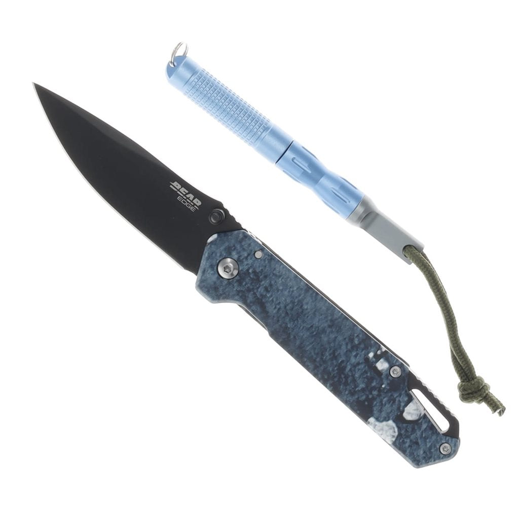 Navaja plegable azul con herramienta de llavero, cortador y pedernal