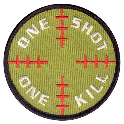 Parche velcro SNIPER redondo 8 cm con texto ONE SHOT ONE KILL en blanco sobre fondo verde con borde negro