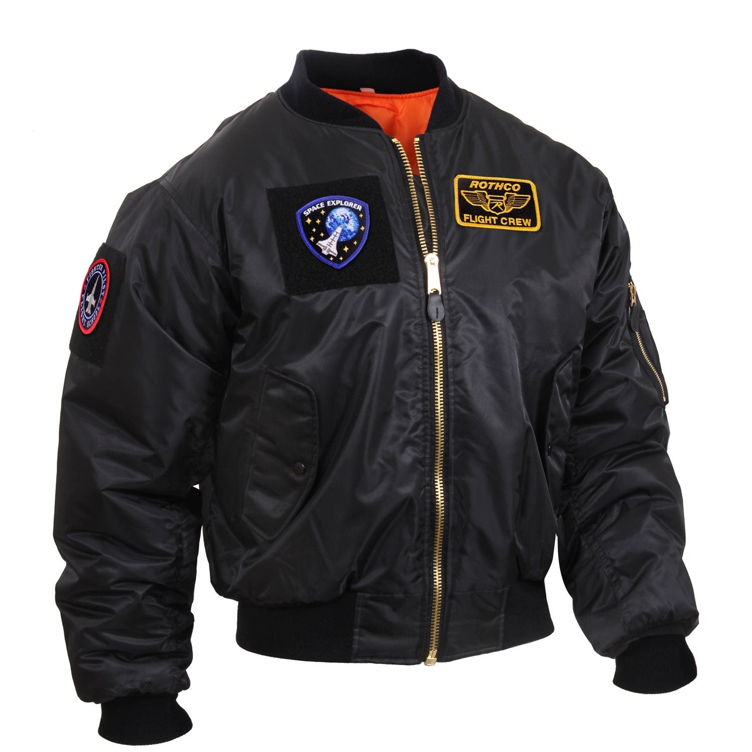 Chaqueta MA-1 FIGHT negra con parches, bolsillo en la manga, reversible y bolsillos laterales