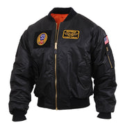 Chaqueta MA-1 FIGHT negra con parches, bolsillo en la manga, reversible y bolsillos laterales