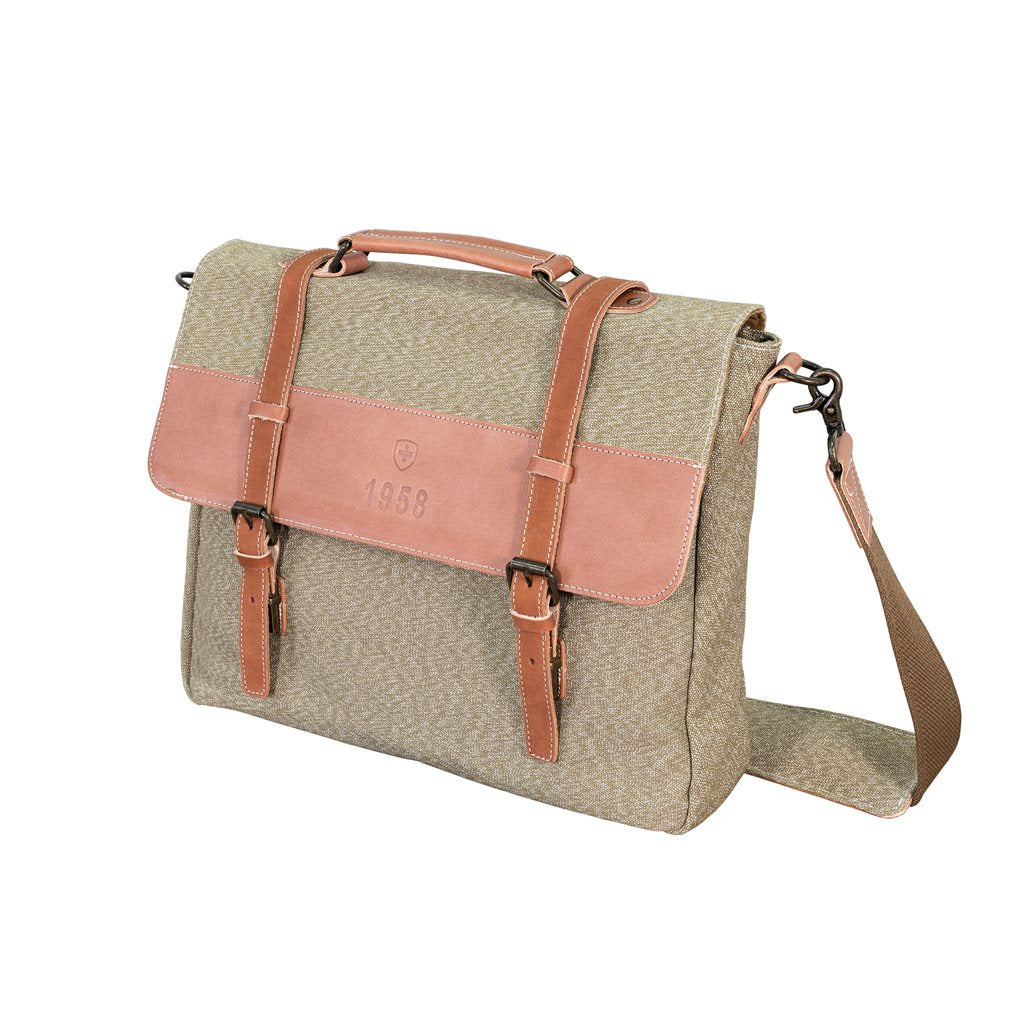 Bolso bandolera suizo con detalles de cuero y cremallera metálica, dividido con separador acolchado, peso 1205 g