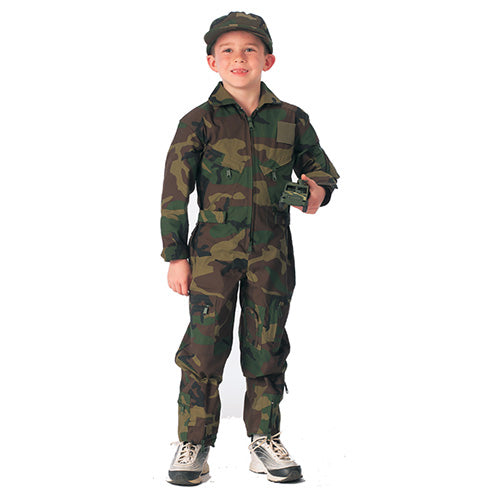 Mono infantil camuflaje Woodland estilo Air Force con varios bolsillos y cremalleras