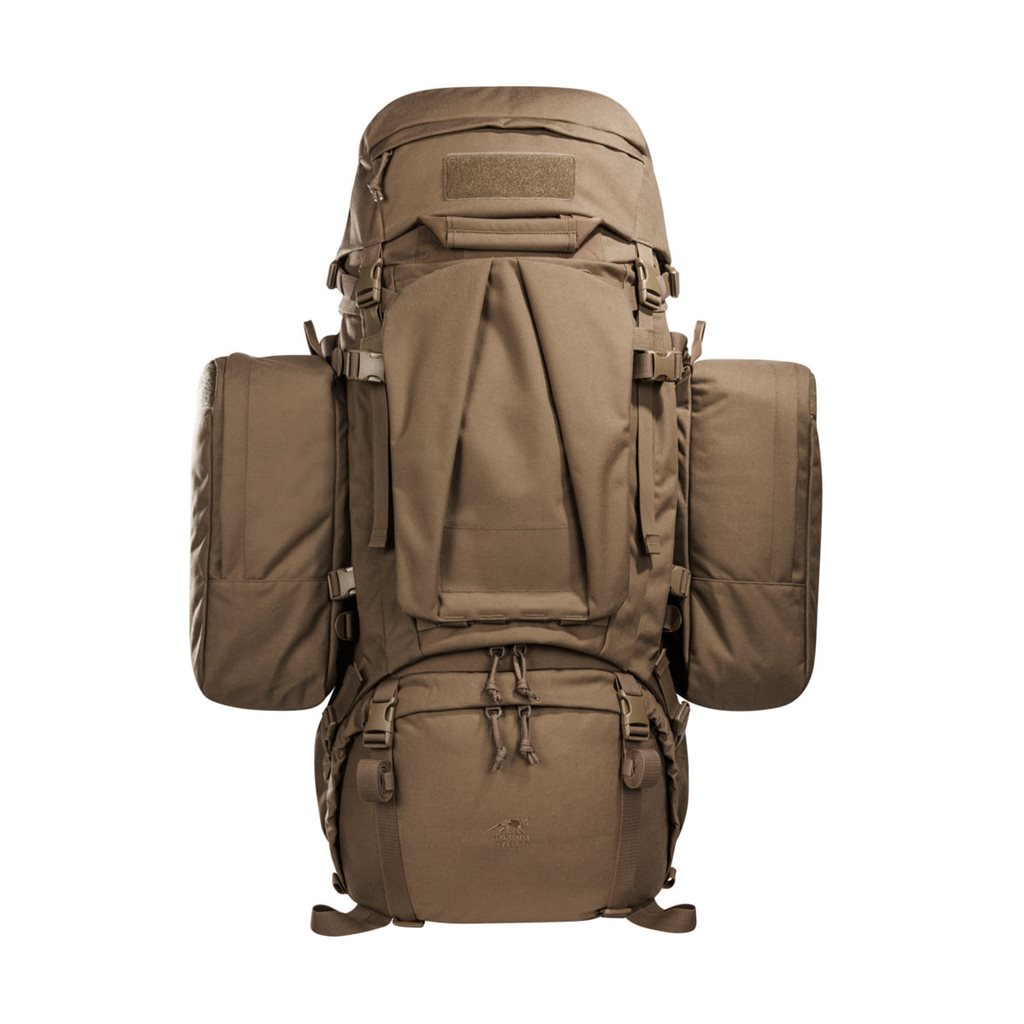 Mochila MIL OPS Pack 80+24 L COYOTE mostrando el gran acceso frontal y compartimentos separados