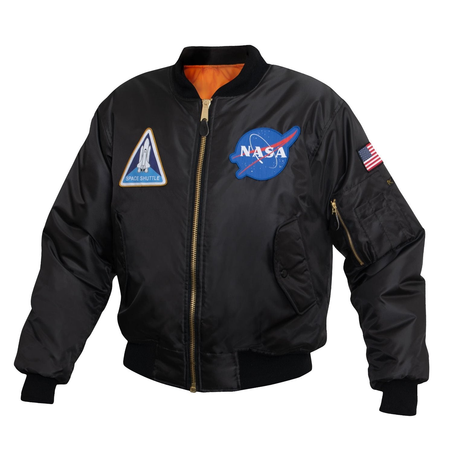 Chaqueta MA-1 Flight NASA negra reversible de nylon con forro naranja