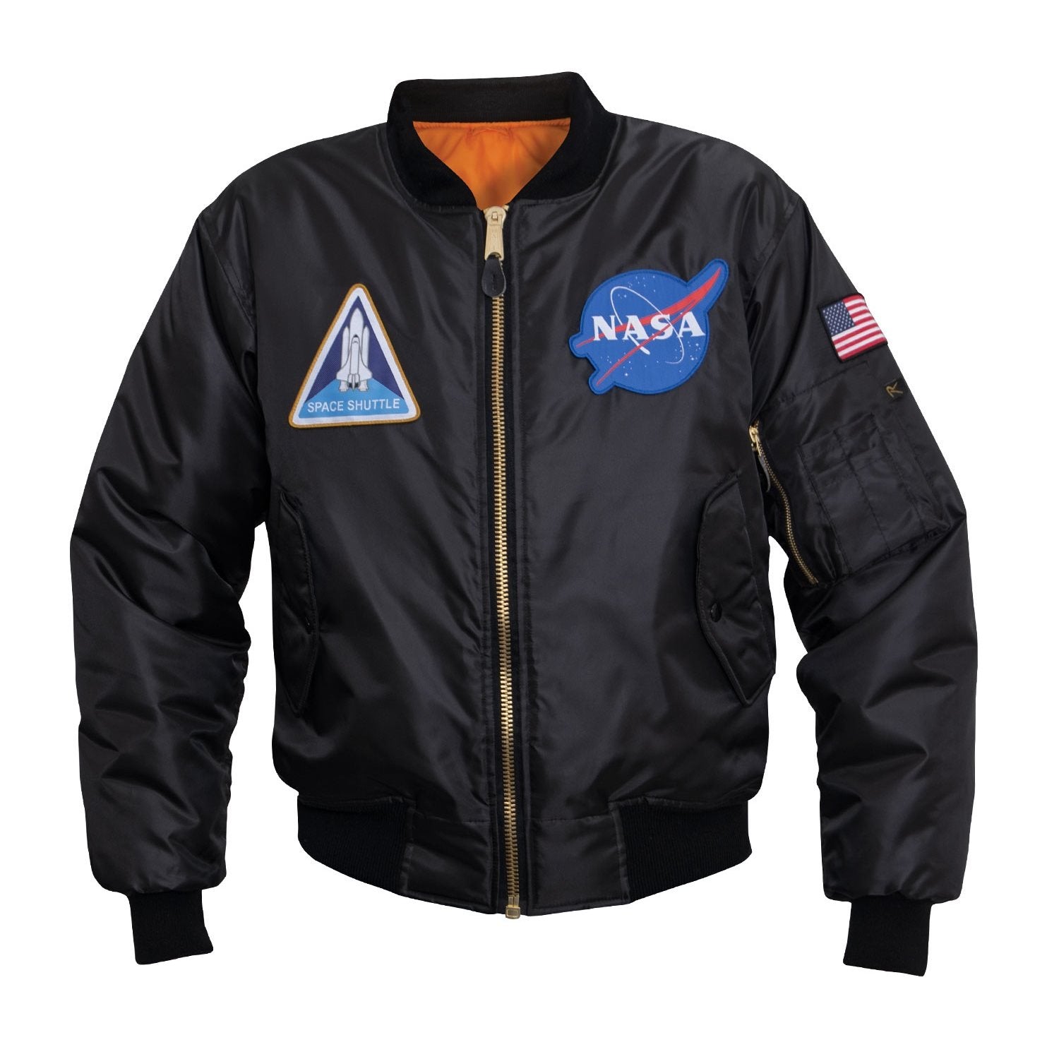 Chaqueta MA-1 Flight NASA negra reversible de nylon con forro naranja