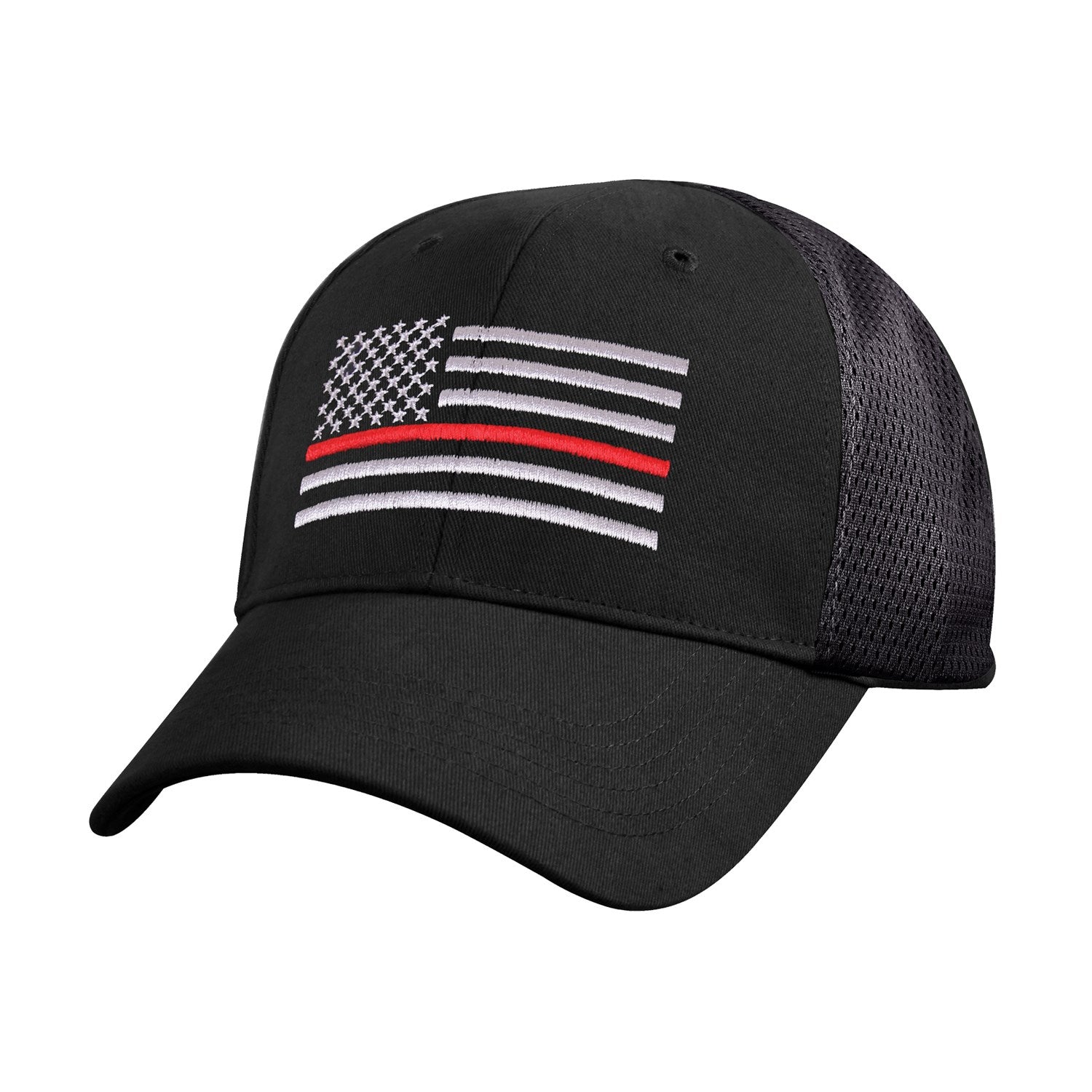 Gorra negra con bandera de EE. UU. bordada, rejilla trasera y línea roja