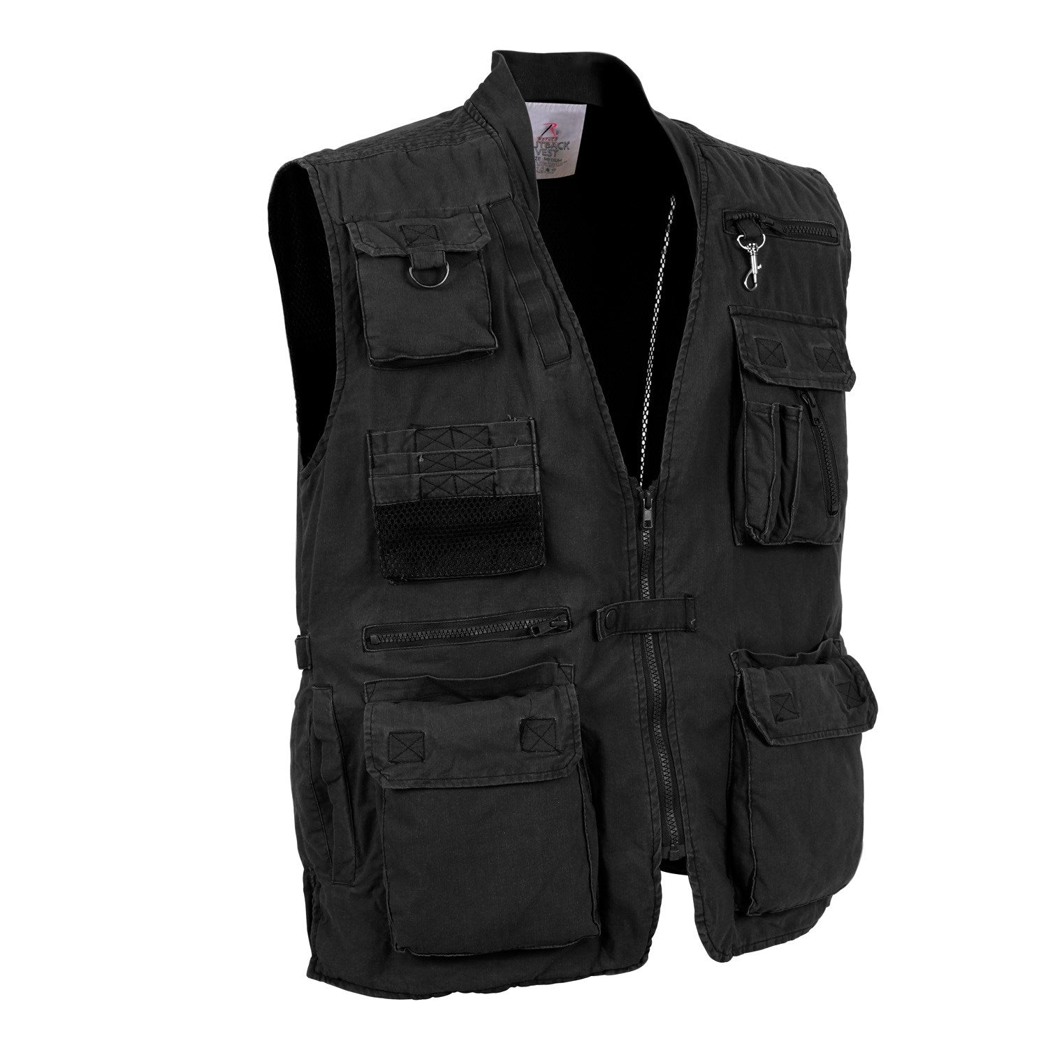 Chaleco de pesca Rothco negro tipo safari con 19 bolsillos