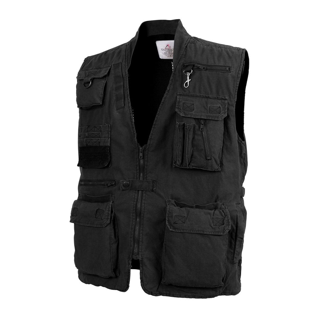 Chaleco de pesca Rothco negro tipo safari con 19 bolsillos