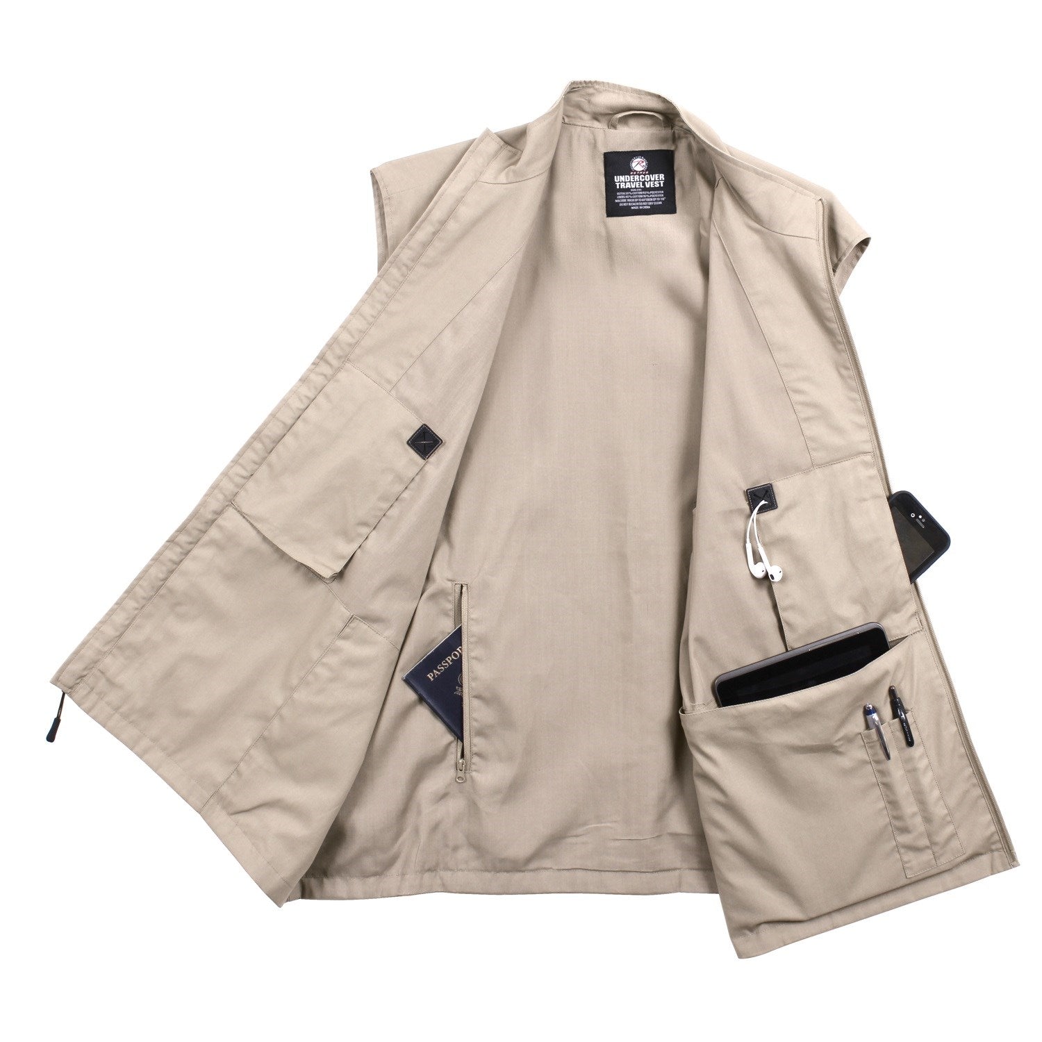 Chaleco khaki Vesta TRAVEL con múltiples bolsillos ocultos y cremallera