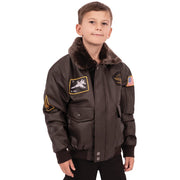 Chaqueta infantil estilo aviador WWII en imitacion de piel, forro con mapa y parches decorativos - color oscuro