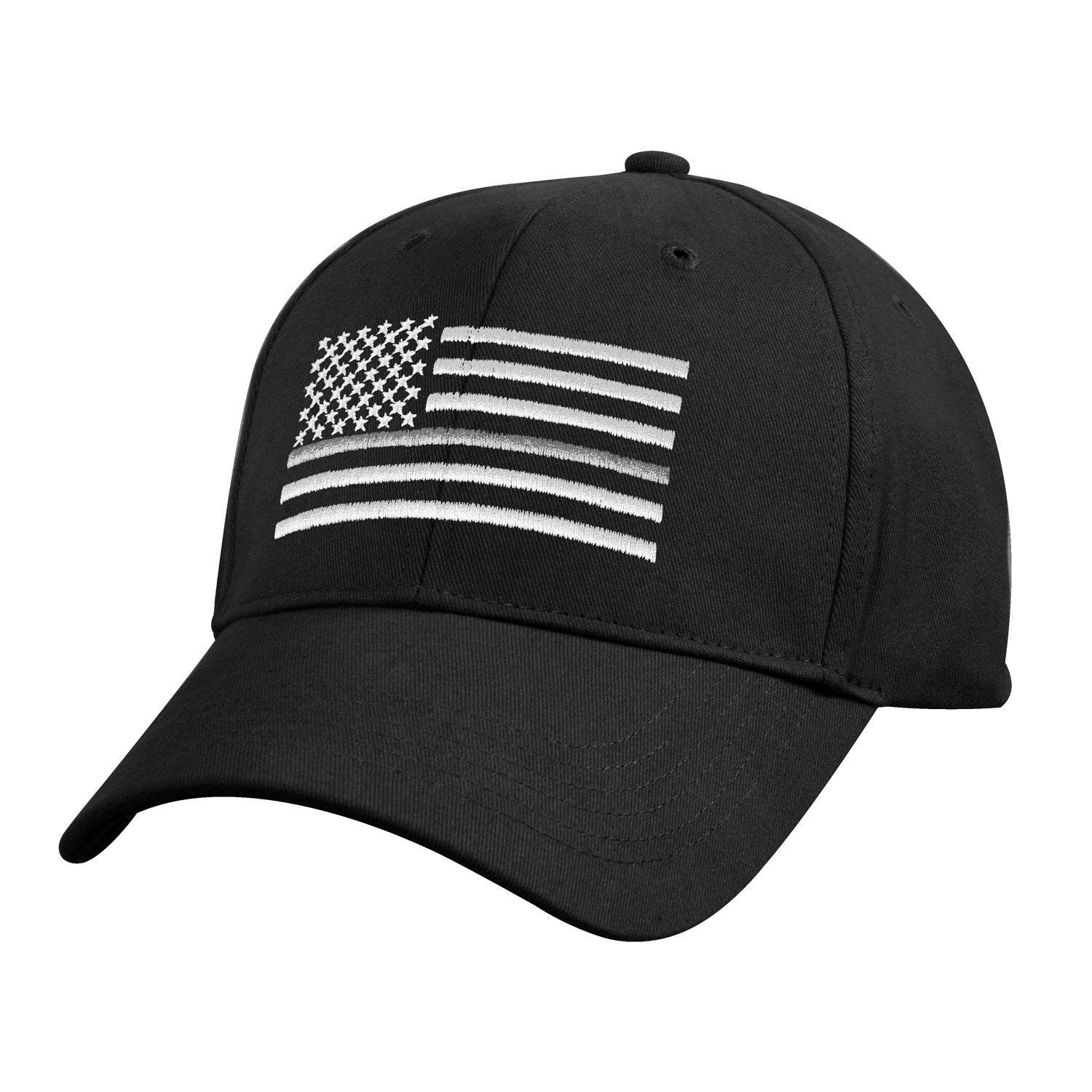Gorra negra con bandera de EE. UU. y línea plateada, emblema bordado