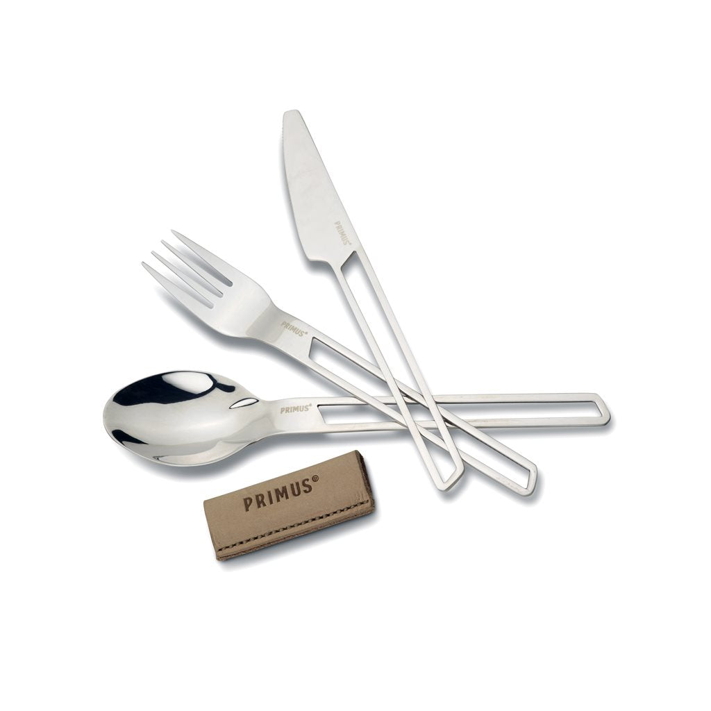 Juego de cubiertos CAMPFIRE 3 piezas en acero inoxidable con funda de cuero, longitud 18,5 cm