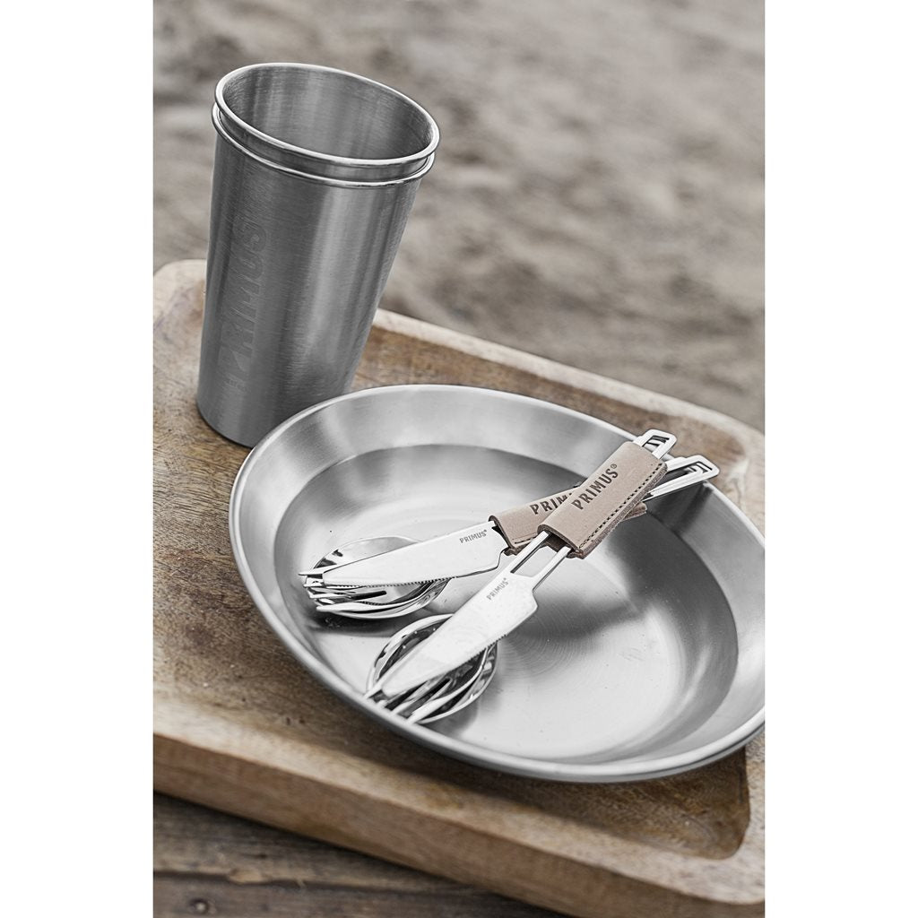 Juego de cubiertos CAMPFIRE 3 piezas en acero inoxidable con funda de cuero, longitud 18,5 cm