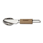 Juego de cubiertos CAMPFIRE 3 piezas en acero inoxidable con funda de cuero, longitud 18,5 cm