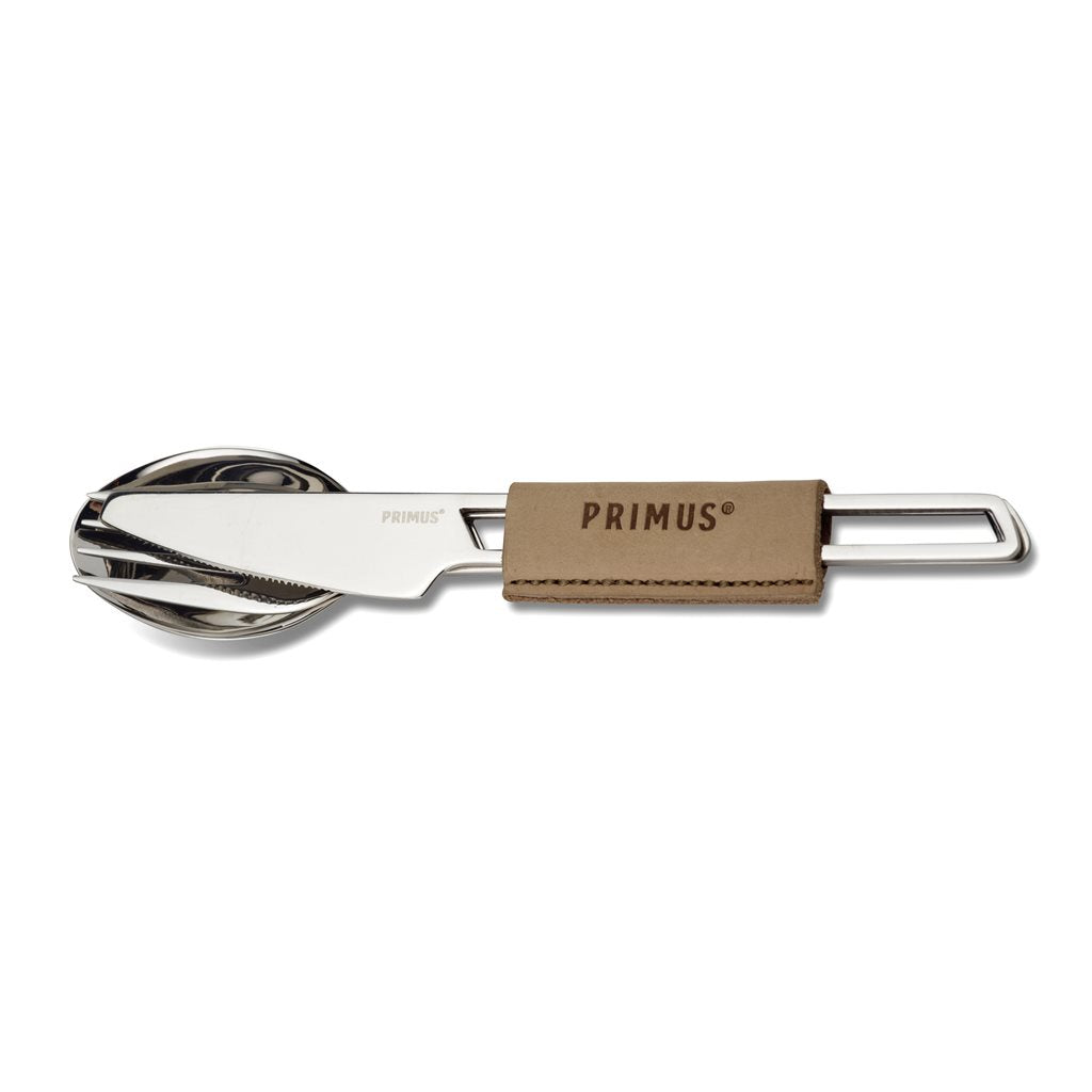 Juego de cubiertos CAMPFIRE 3 piezas en acero inoxidable con funda de cuero, longitud 18,5 cm