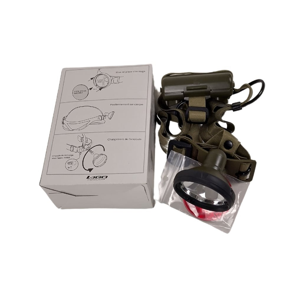 Linterna frontal original del ejército francés LAGO CCE, uso como frontal o fijada al casco