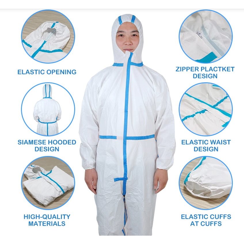 Mono protector desechable blanco con capucha, costuras precintadas y cremallera con solapa adhesiva
