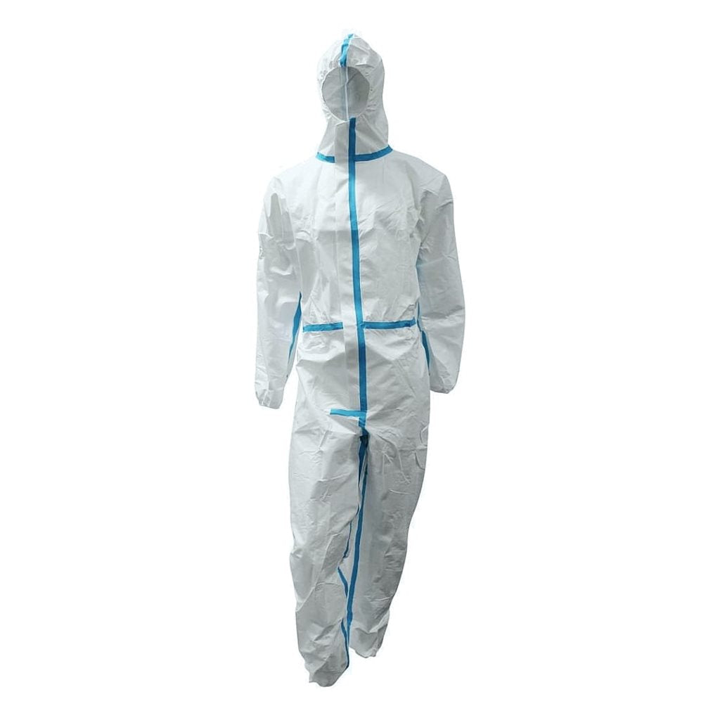 Mono protector desechable blanco con capucha, costuras precintadas y cremallera con solapa adhesiva