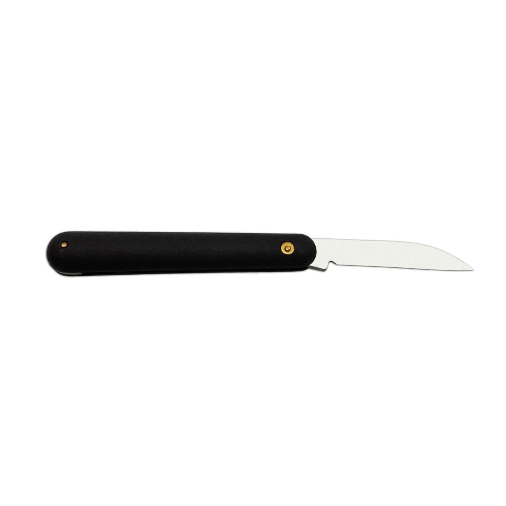 Cuchillo de injertos plegable inoxidable con mango plástico negro y hoja de un solo bisel, punta redondeada
