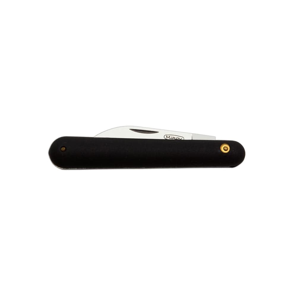 Cuchillo de injertos plegable inoxidable con mango plástico negro y hoja de un solo bisel, punta redondeada