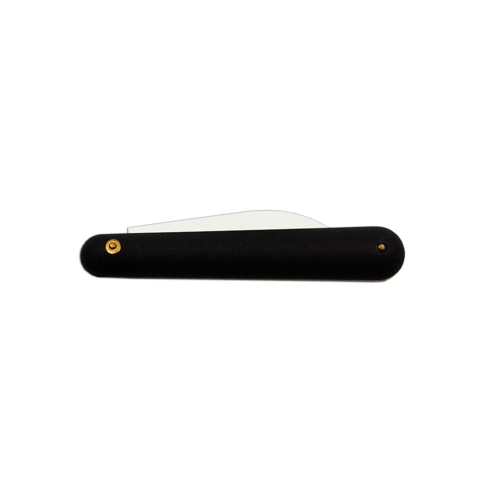 Cuchillo de injertos plegable inoxidable con mango plástico negro y hoja de un solo bisel, punta redondeada