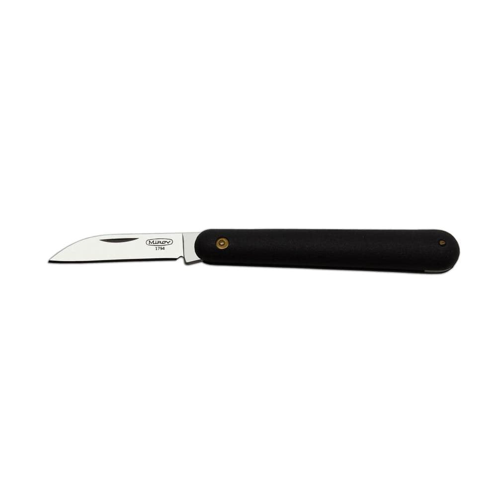 Cuchillo de injertos plegable inoxidable con mango plástico negro y hoja de un solo bisel, punta redondeada