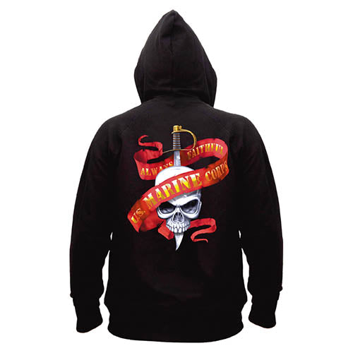 Sudadera negra MARINES SKULL/RIBBON con estampado delantero y trasero, capucha con cordón y bolsillo canguro
