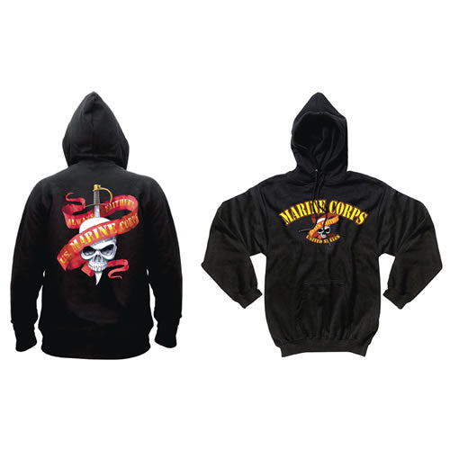 Sudadera negra MARINES SKULL/RIBBON con estampado delantero y trasero, capucha con cordón y bolsillo canguro