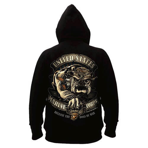 Sudadera negra con capucha, gran estampado 'Dogs of War' en la espalda y logo USMC en el pecho