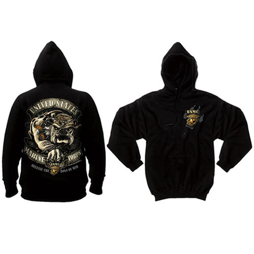 Sudadera negra con capucha, gran estampado 'Dogs of War' en la espalda y logo USMC en el pecho