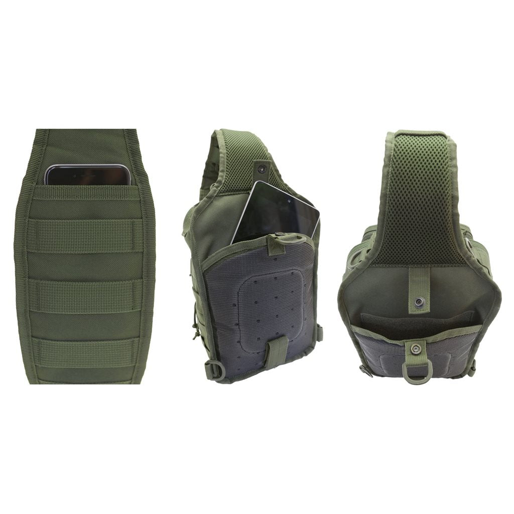 Bolsa bandolera US Cooper Sling negra 8 l en poliester 600D con sistema MOLLE/PALS y funda para tablet