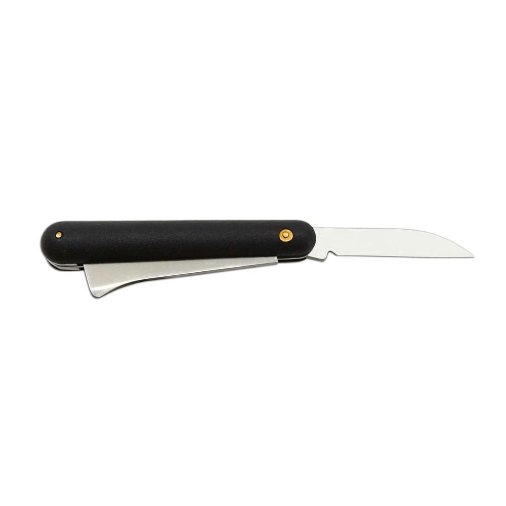 Cuchillo para injertar y acodar, hoja inox 420, mango plástico negro y funda PVC