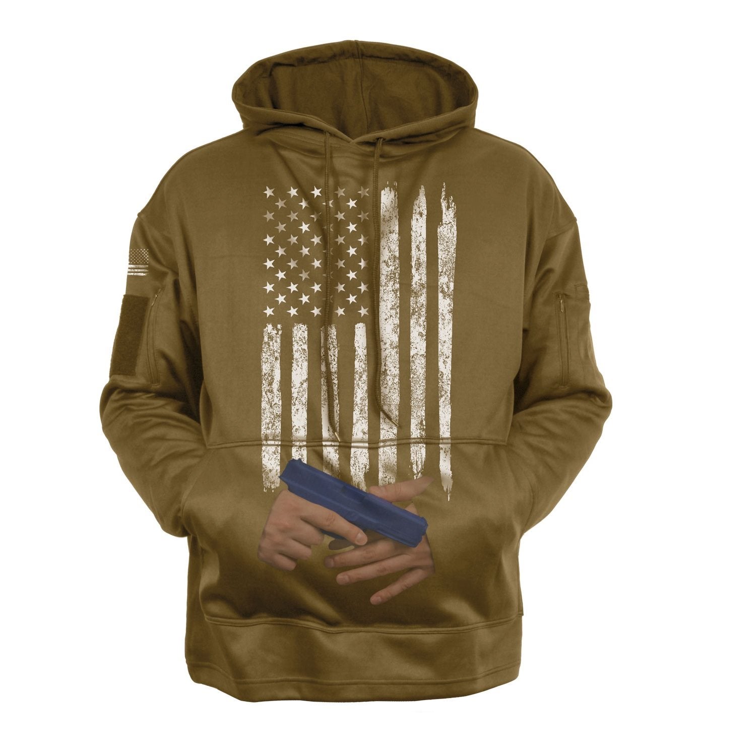 Sudadera CONCEALED CARRY con capucha, bolsillo para arma oculta y parche bandera USA, color coyote