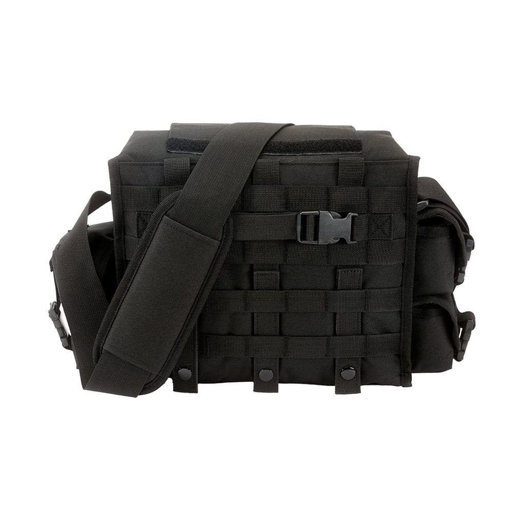 Bandolera Grab Bag negra en poliéster 600D, 24 x 38 x 8 cm, múltiples bolsillos con velcro y clip