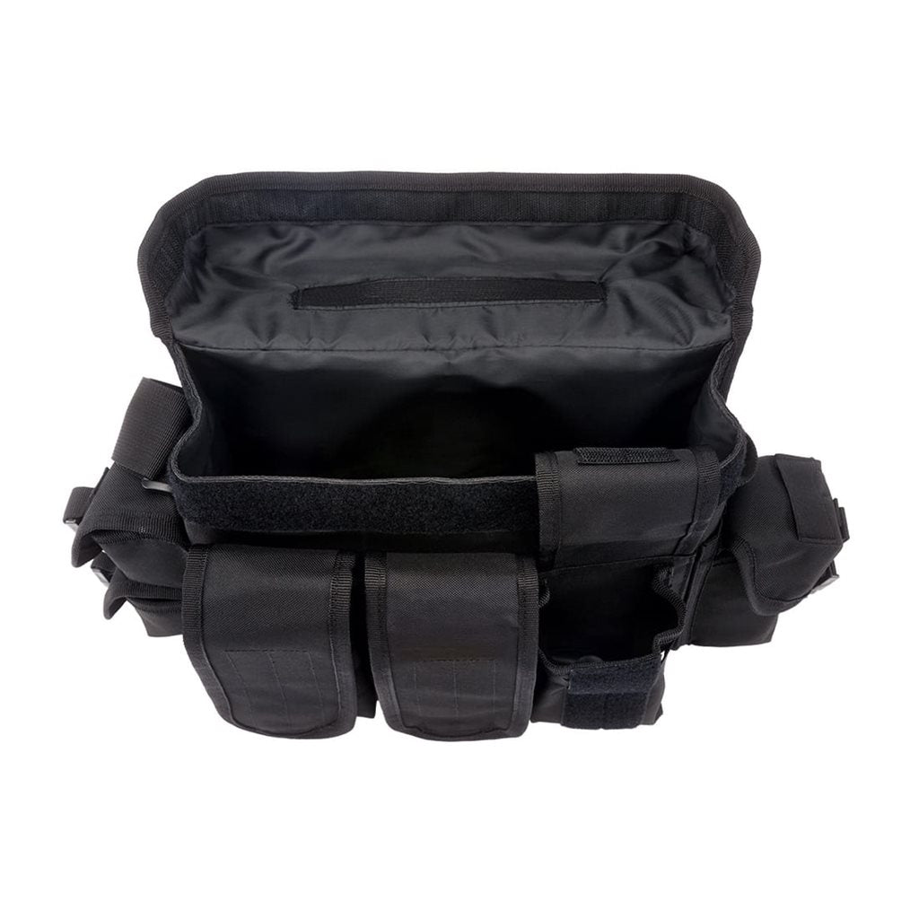 Bandolera Grab Bag negra en poliéster 600D, 24 x 38 x 8 cm, múltiples bolsillos con velcro y clip