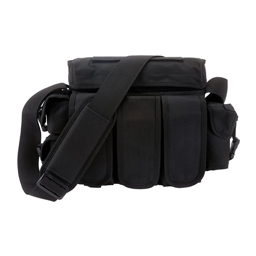 Bandolera Grab Bag negra en poliéster 600D, 24 x 38 x 8 cm, múltiples bolsillos con velcro y clip