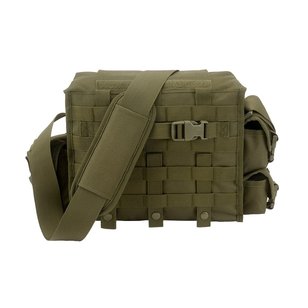 Bandolera Grab Bag negra en poliéster 600D, 24 x 38 x 8 cm, múltiples bolsillos con velcro y clip