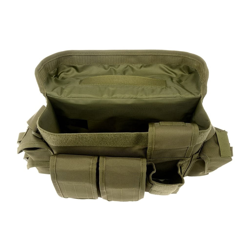 Bandolera Grab Bag negra en poliéster 600D, 24 x 38 x 8 cm, múltiples bolsillos con velcro y clip