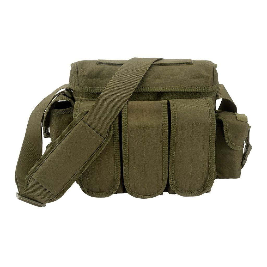 Bandolera Grab Bag negra en poliéster 600D, 24 x 38 x 8 cm, múltiples bolsillos con velcro y clip