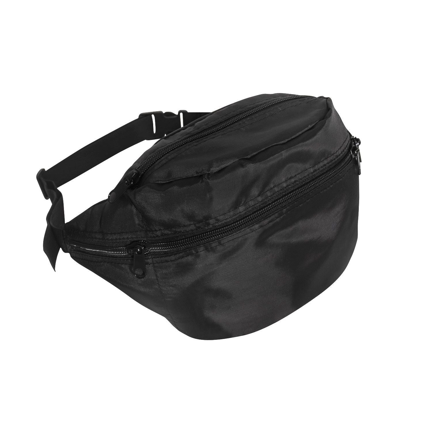 Riñonera negra de poliéster con 4 bolsillos, cremalleras y cierre fastex, 35 x 15 x 12 cm